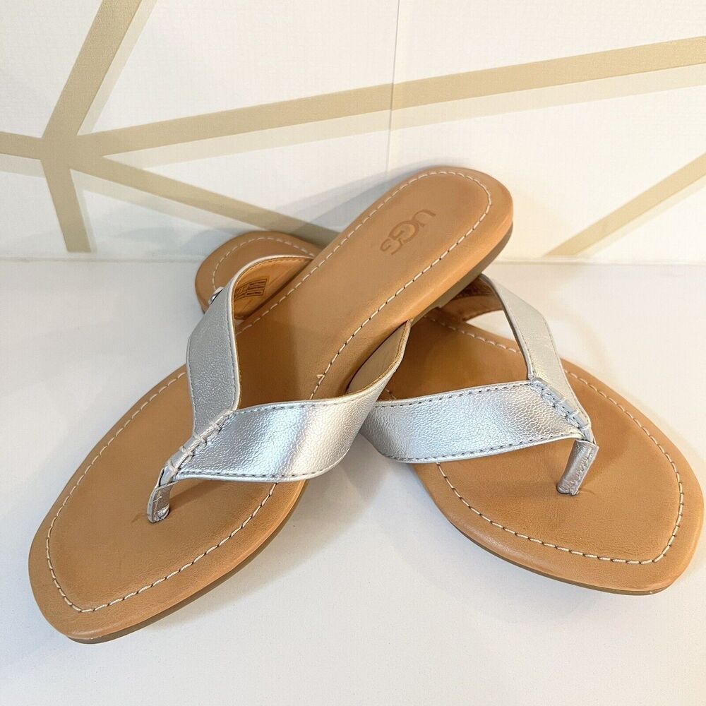 NEW UGG Tuolumne Leather Silver Flip Flops Sandals Women's Size 5